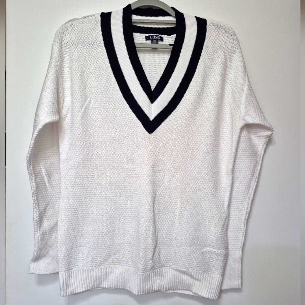 Chaps White V-Neck Sweater with Black Trim